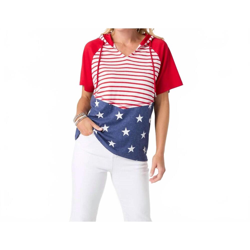 NEW COCO + CARMEN brianna hooded tee with stars & stripes in red/blue